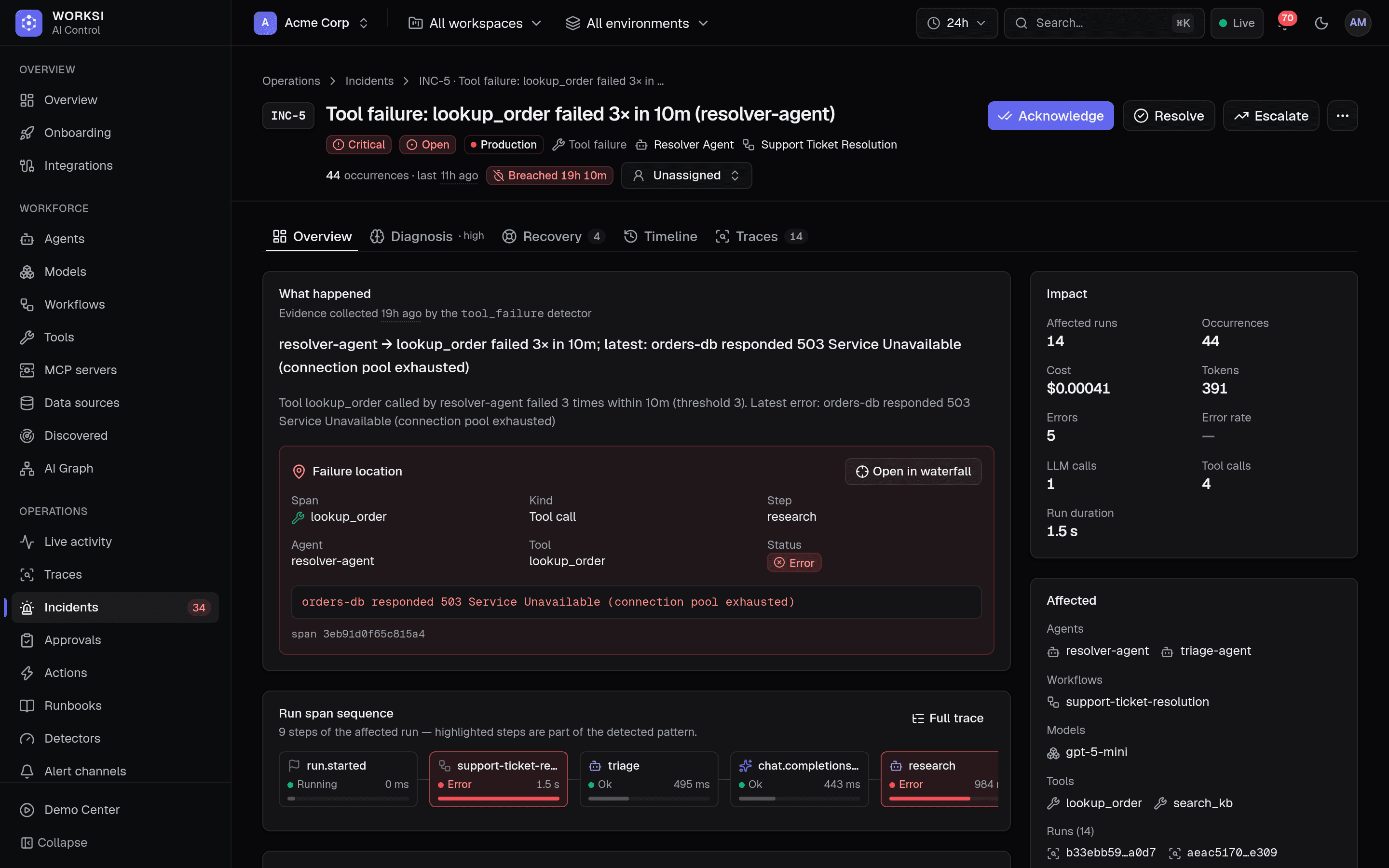 Incident INC‑5, What happened: lookup_order failed 3× in 10 minutes, failure location and the upstream 503 error
