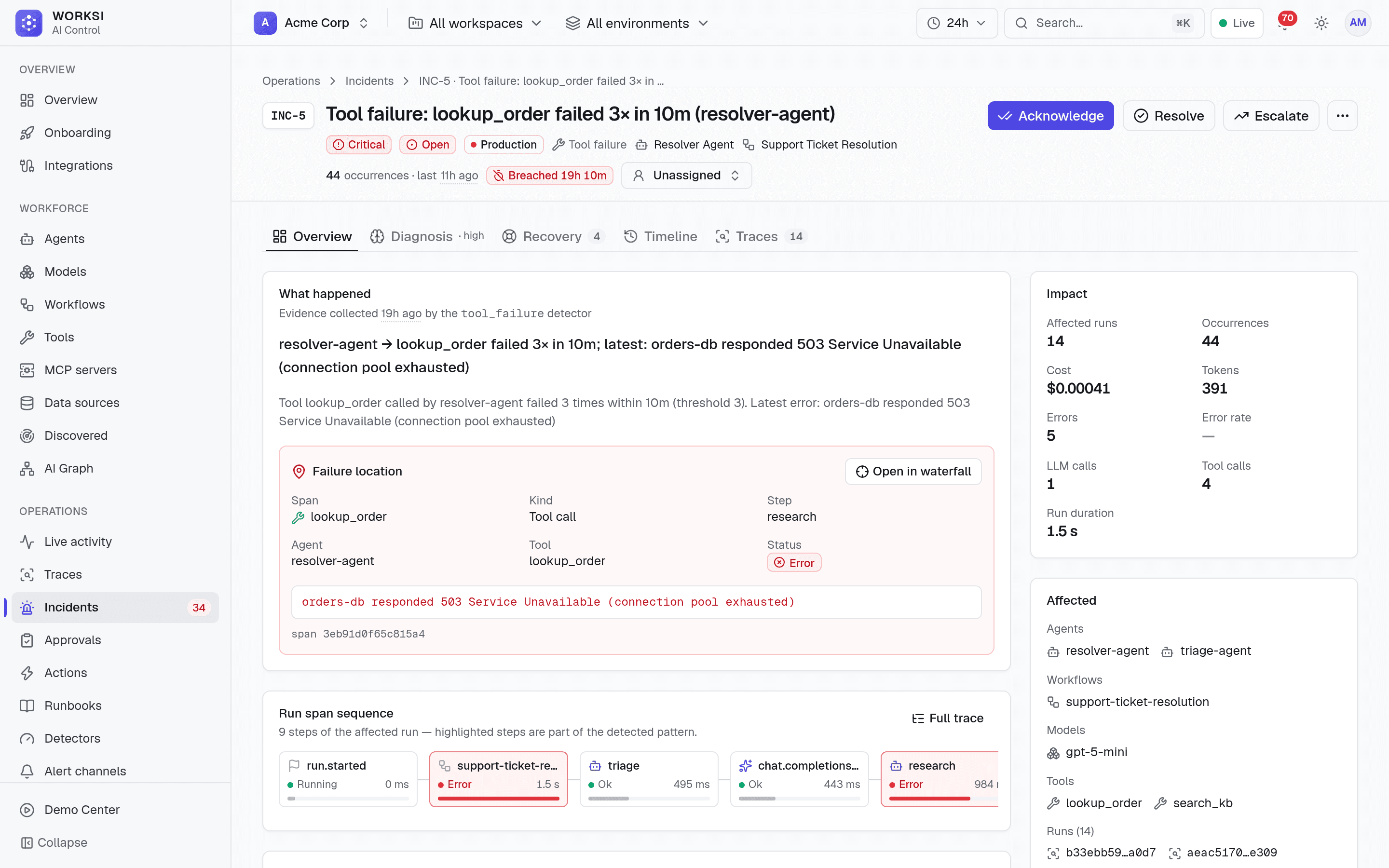 Incident INC‑5, What happened: lookup_order failed 3× in 10 minutes, failure location and the upstream 503 error