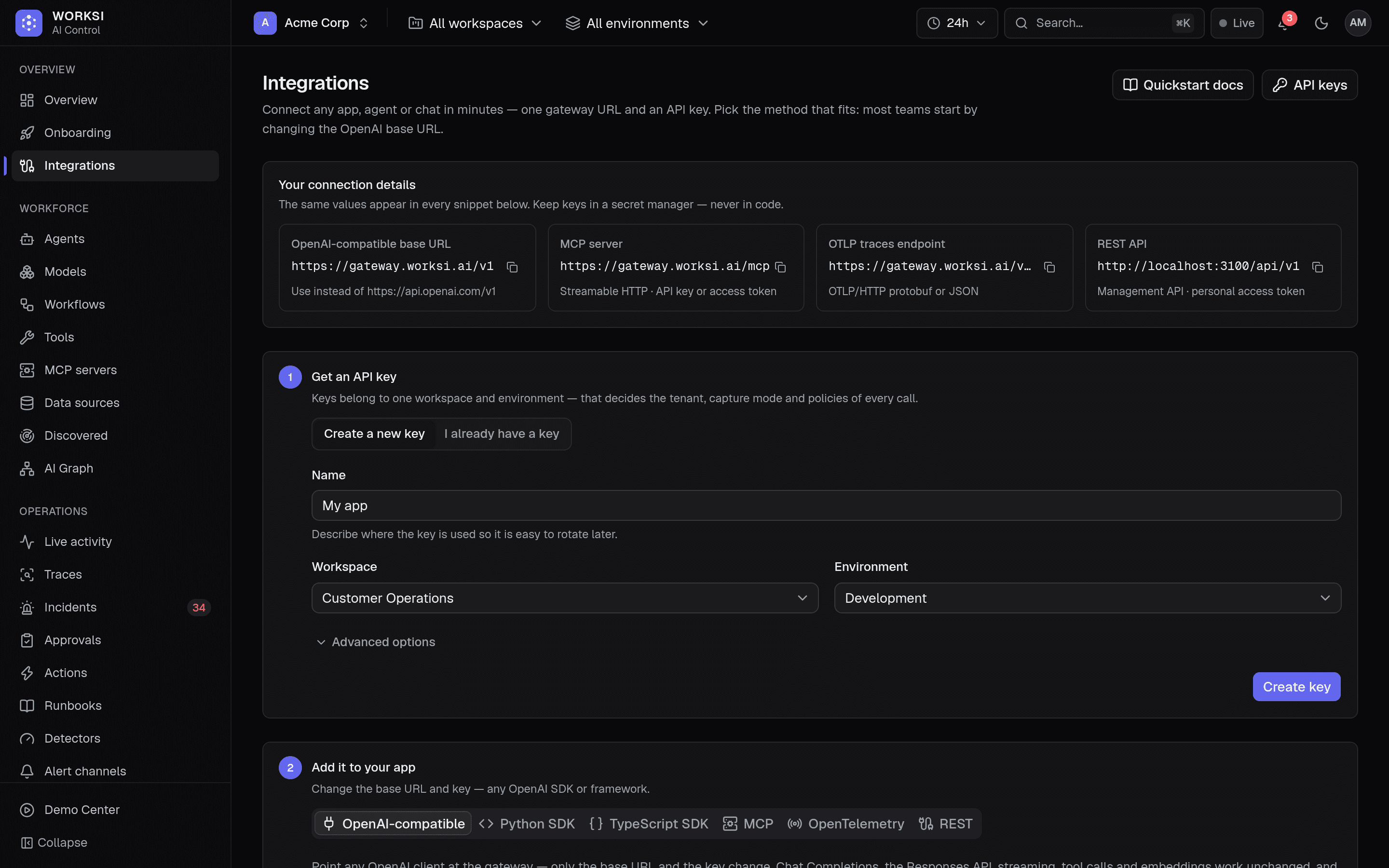 Your connection details: the OpenAI‑compatible base URL and the MCP server endpoint, each with its copy button