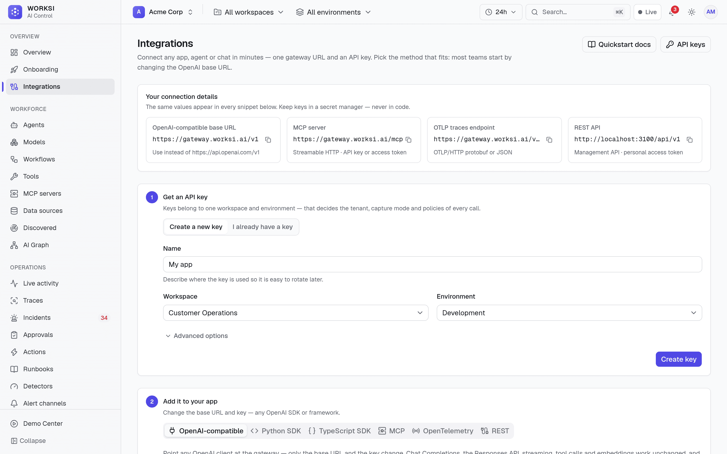Your connection details: the OpenAI‑compatible base URL and the MCP server endpoint, each with its copy button